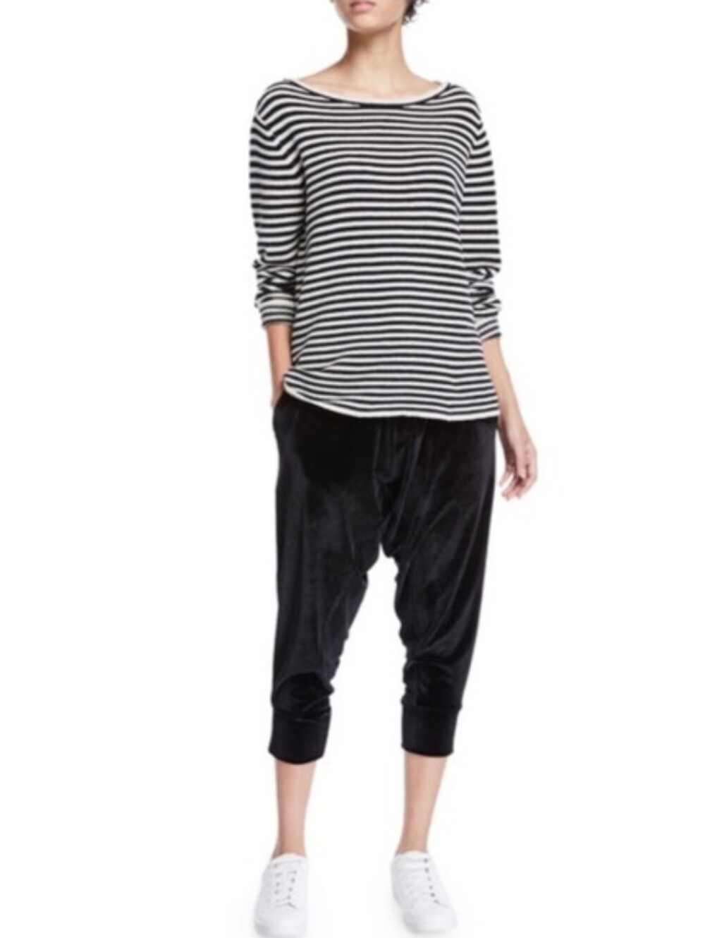 Eileen Fisher Black Velvet Drawstring Cropped Harem Joggers Sz L